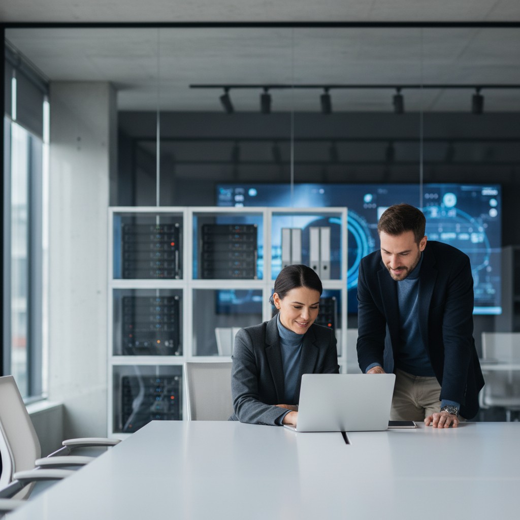 Software team collaborating in a modern office